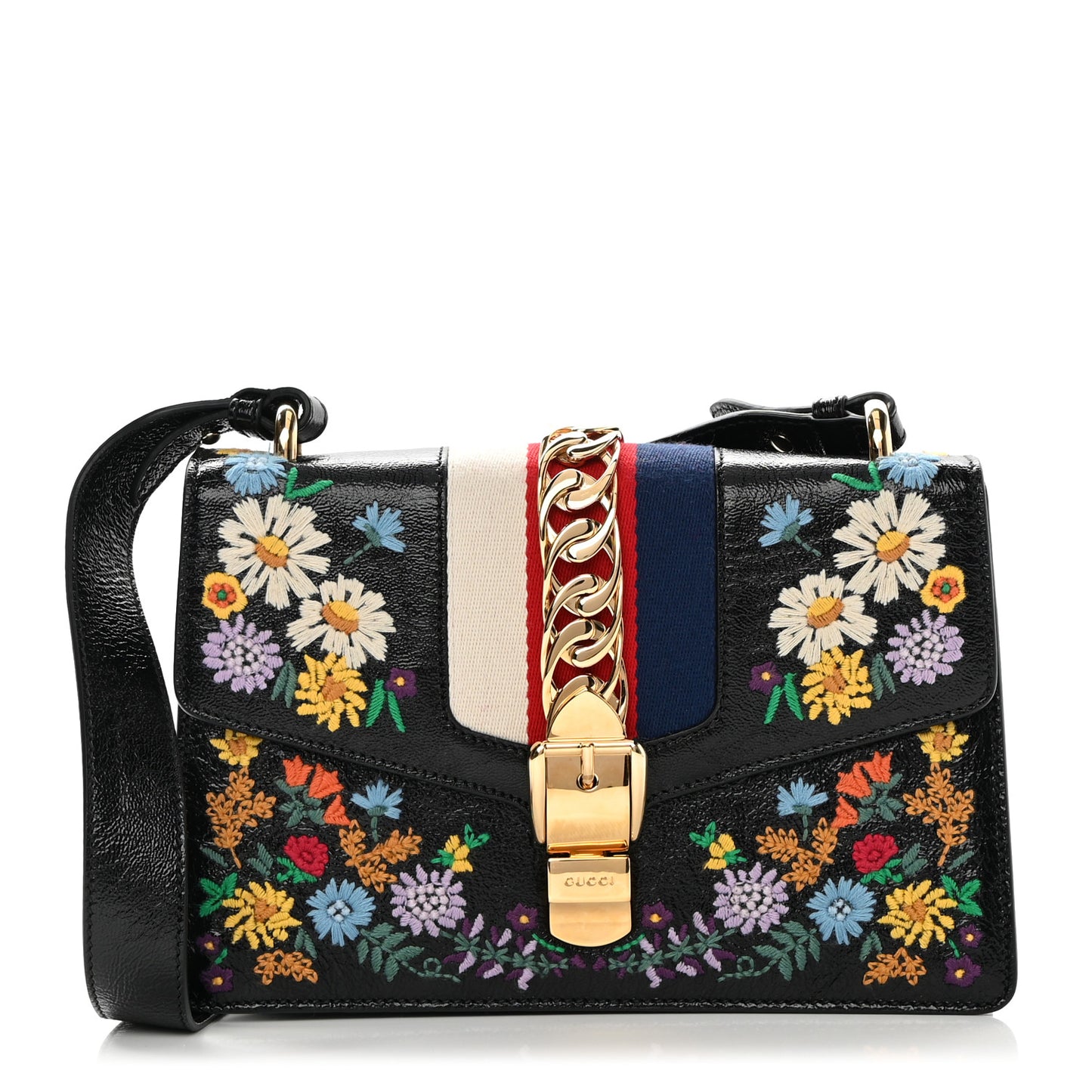 Calfskin Embroidered Small Sylvie Shoulder Bag Black
