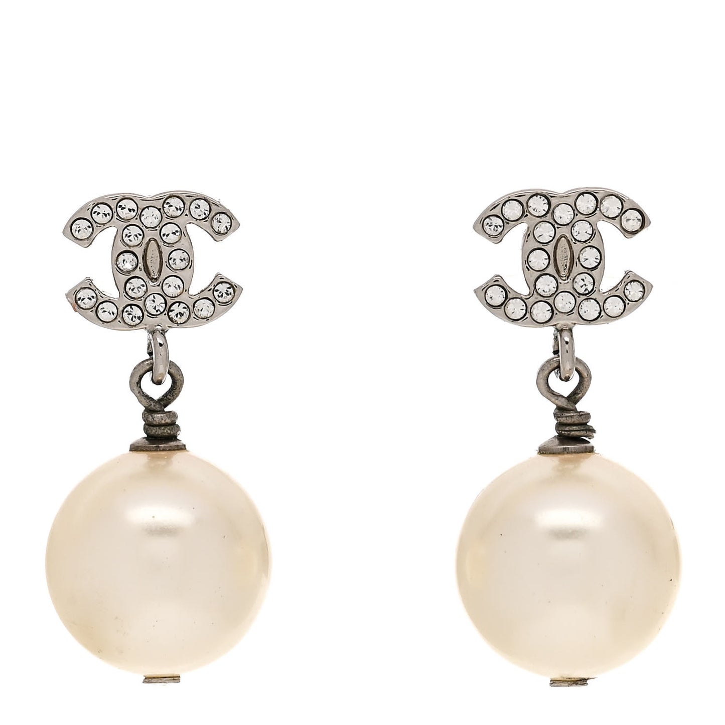 Crystal Pearl CC Drop Earrings Silver Pearly White
