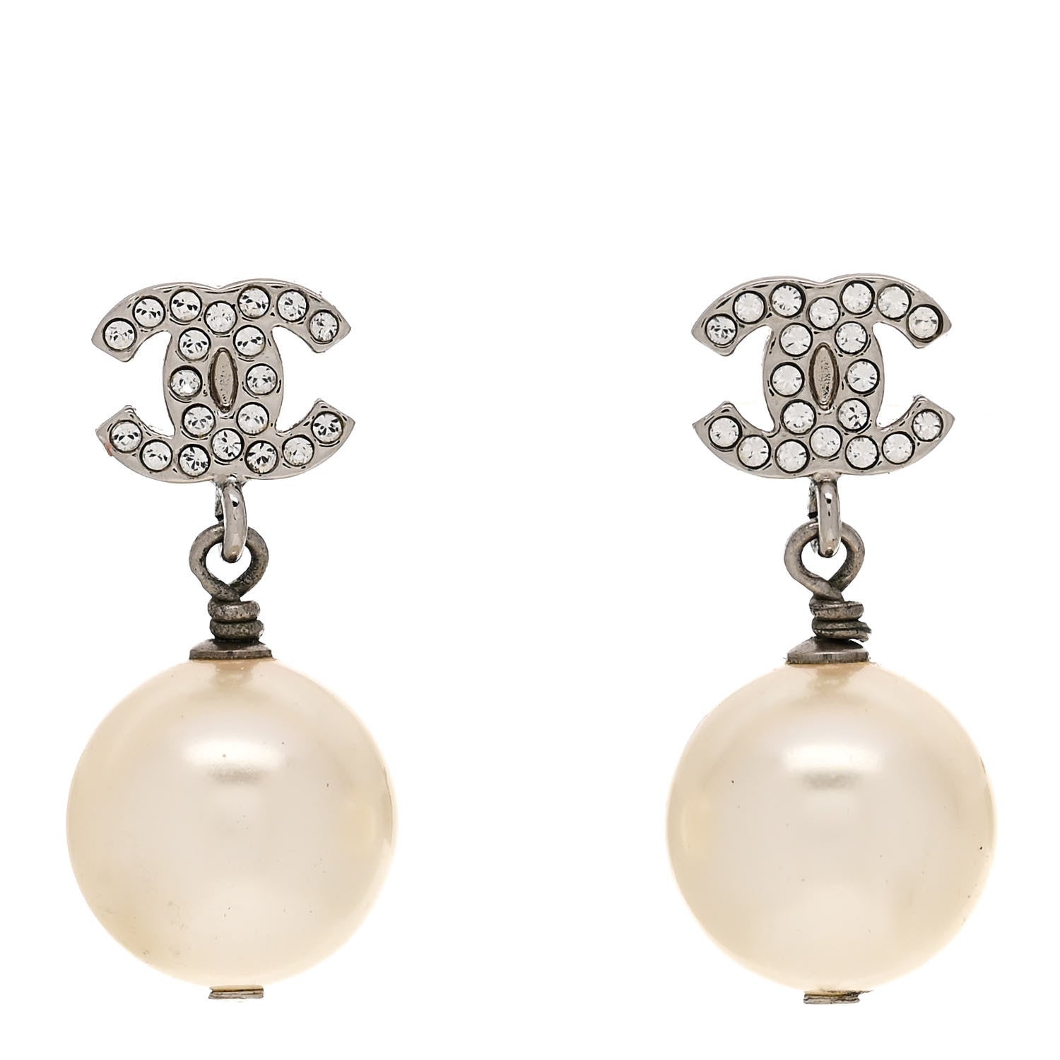 Chanel Crystal Pearl CC Drop Earrings Silver Pearly White 1 of 5
