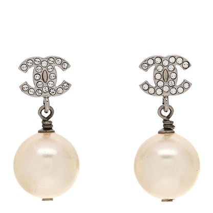 Chanel Crystal Pearl CC Drop Earrings Silver Pearly White 1 of 5