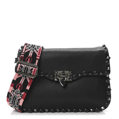 Valentino Garavani Pebbled Calfskin Onyx Medium Guitar Strap Rockstud Rolling Flap Love Blade Saddle Bag  Black 1 of 9