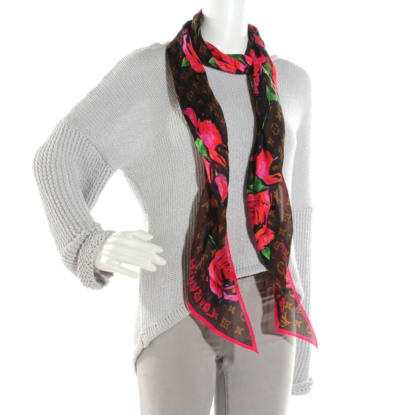 Silk Monogram Roses Scarf Marron