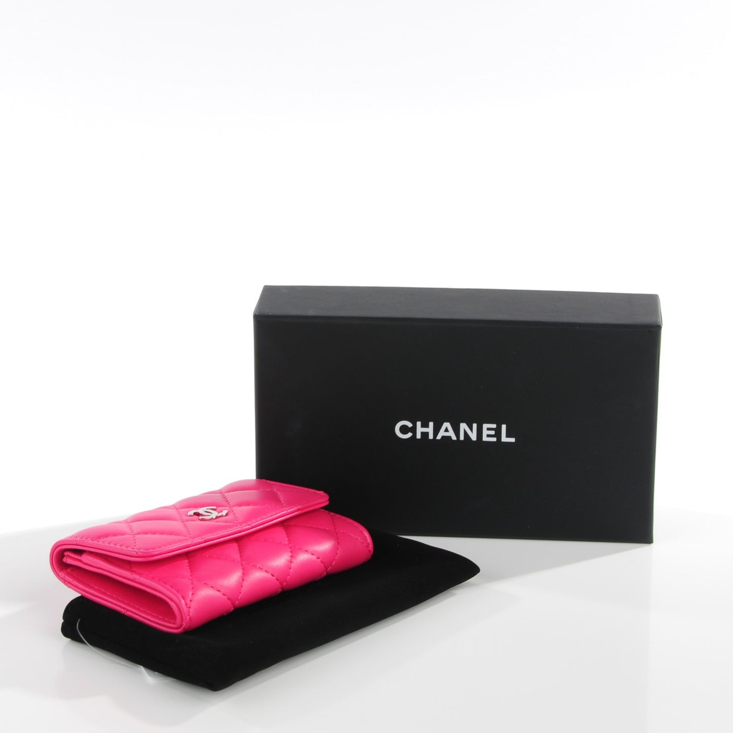 Lambskin Quilted Flap Card Holder Fuchsia