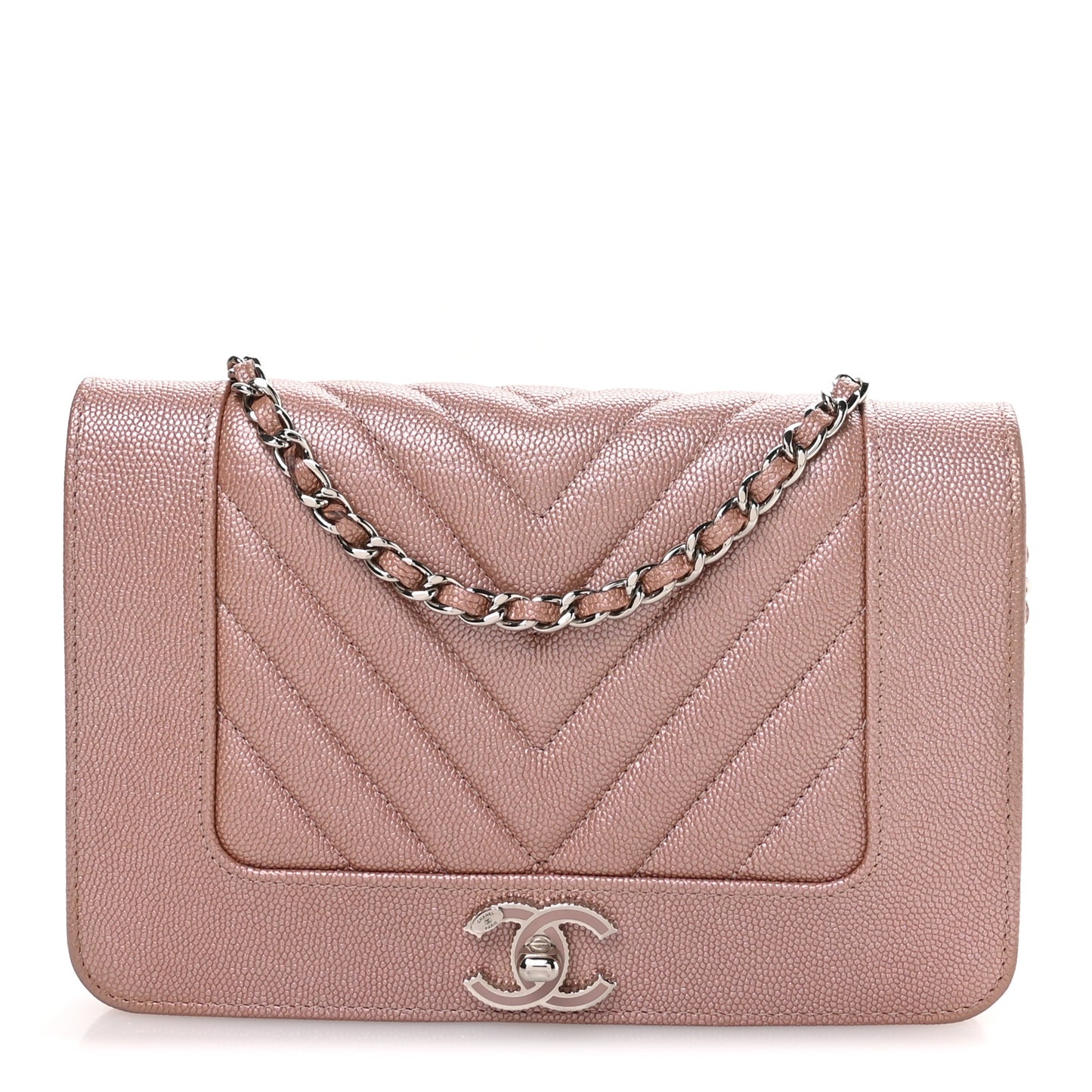 Metallic Caviar Chevron Quilted Vintage Mademoiselle Wallet On Chain WOC Pink
