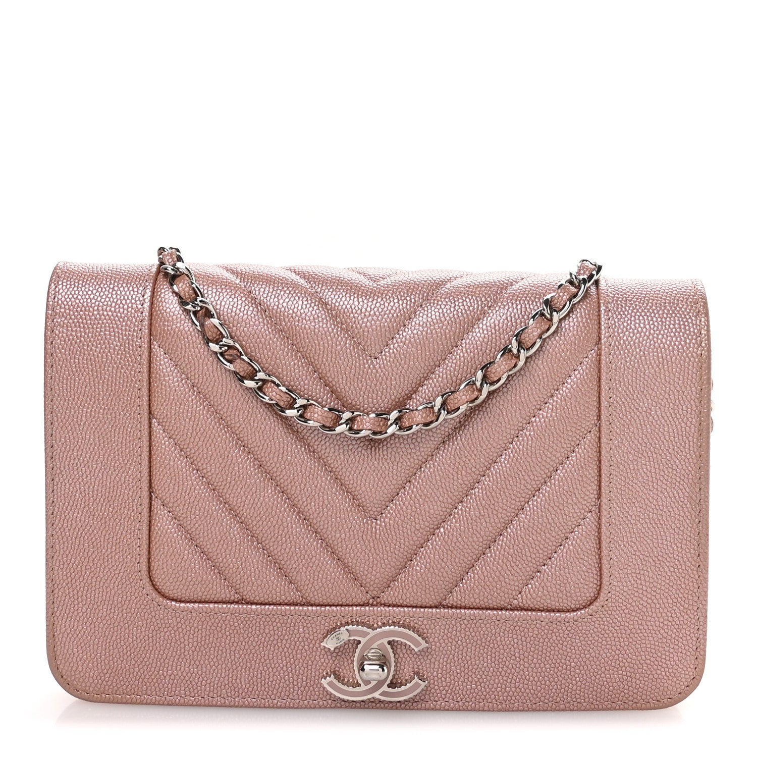Chanel Metallic Caviar Chevron Quilted Vintage Mademoiselle Wallet On Chain WOC Pink 1 of 13
