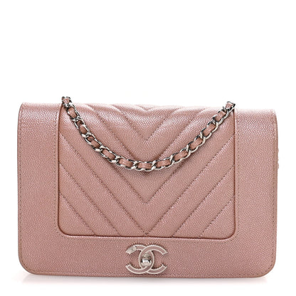 Chanel Metallic Caviar Chevron Quilted Vintage Mademoiselle Wallet On Chain WOC Pink 1 of 13