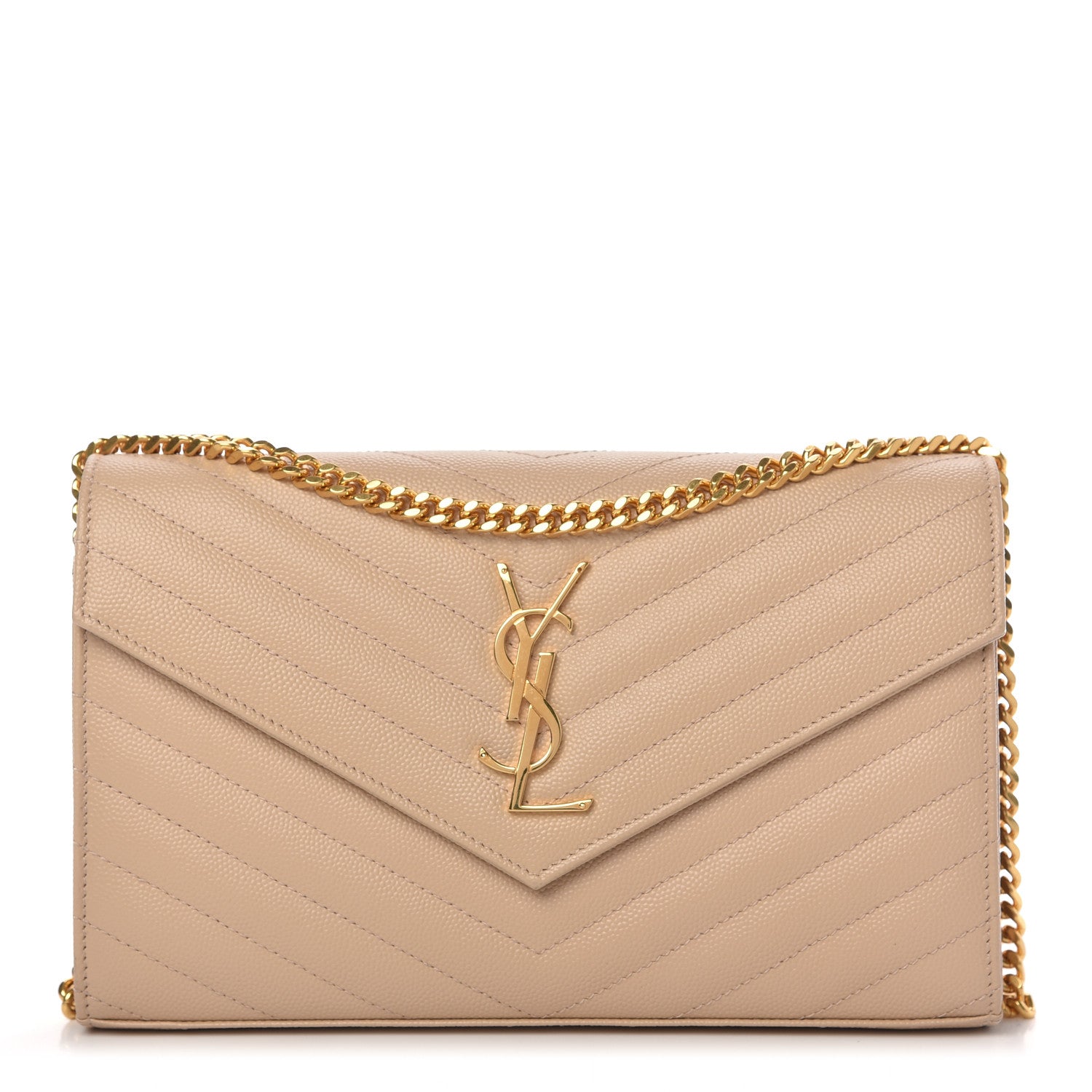 Saint Laurent Grain De Poudre Matelasse Chevron Monogram Chain Wallet Dark Beige 1 of 10