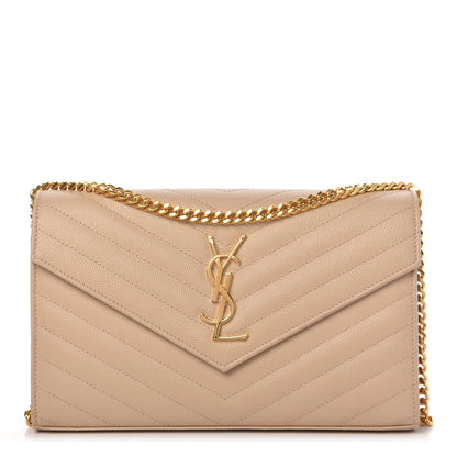 Saint Laurent Grain De Poudre Matelasse Chevron Monogram Chain Wallet Dark Beige 1 of 10