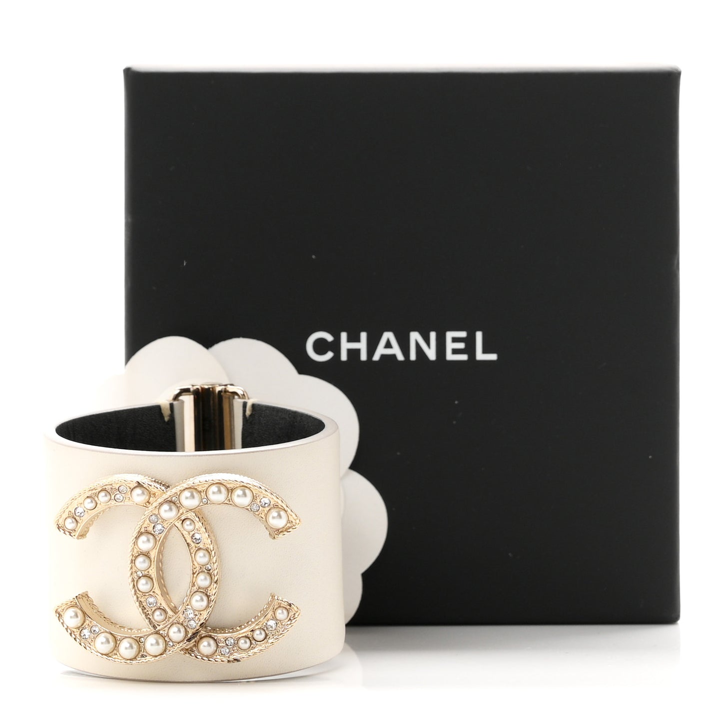 Calfskin Crystal Pearls Coronation Cuff M White