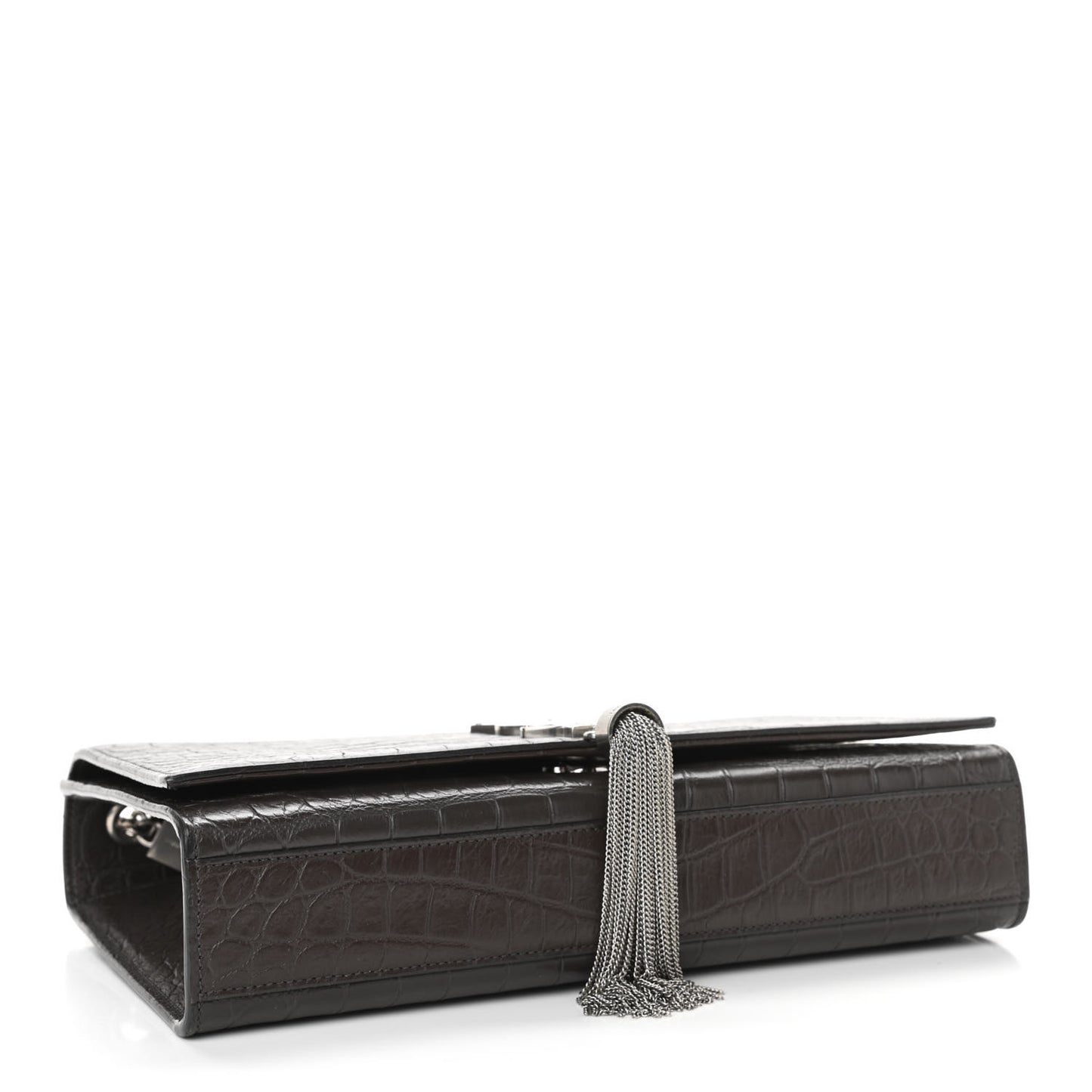 Calfskin Crocodile Embossed Medium Classic Monogram Kate Tassel Satchel Dark Brown