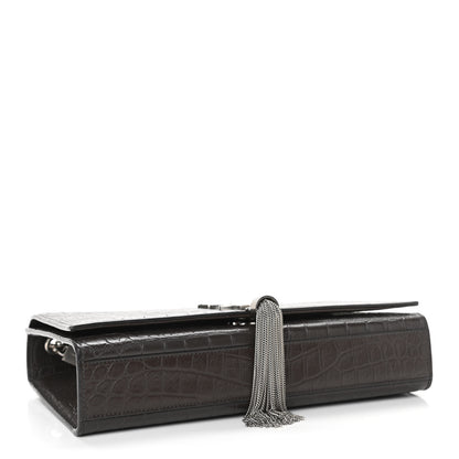 Saint Laurent Calfskin Crocodile Embossed Medium Classic Monogram Kate Tassel Satchel Dark Brown 4 of 10