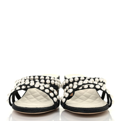 Chanel Goatskin Quilted Pearl Mule Sandals 38.5 Black 2 of 4