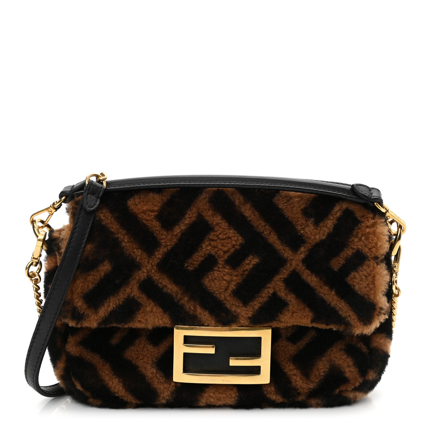 Shearling Vitello Dolce Macro FF 1974 Mini Baguette Tobacco Black