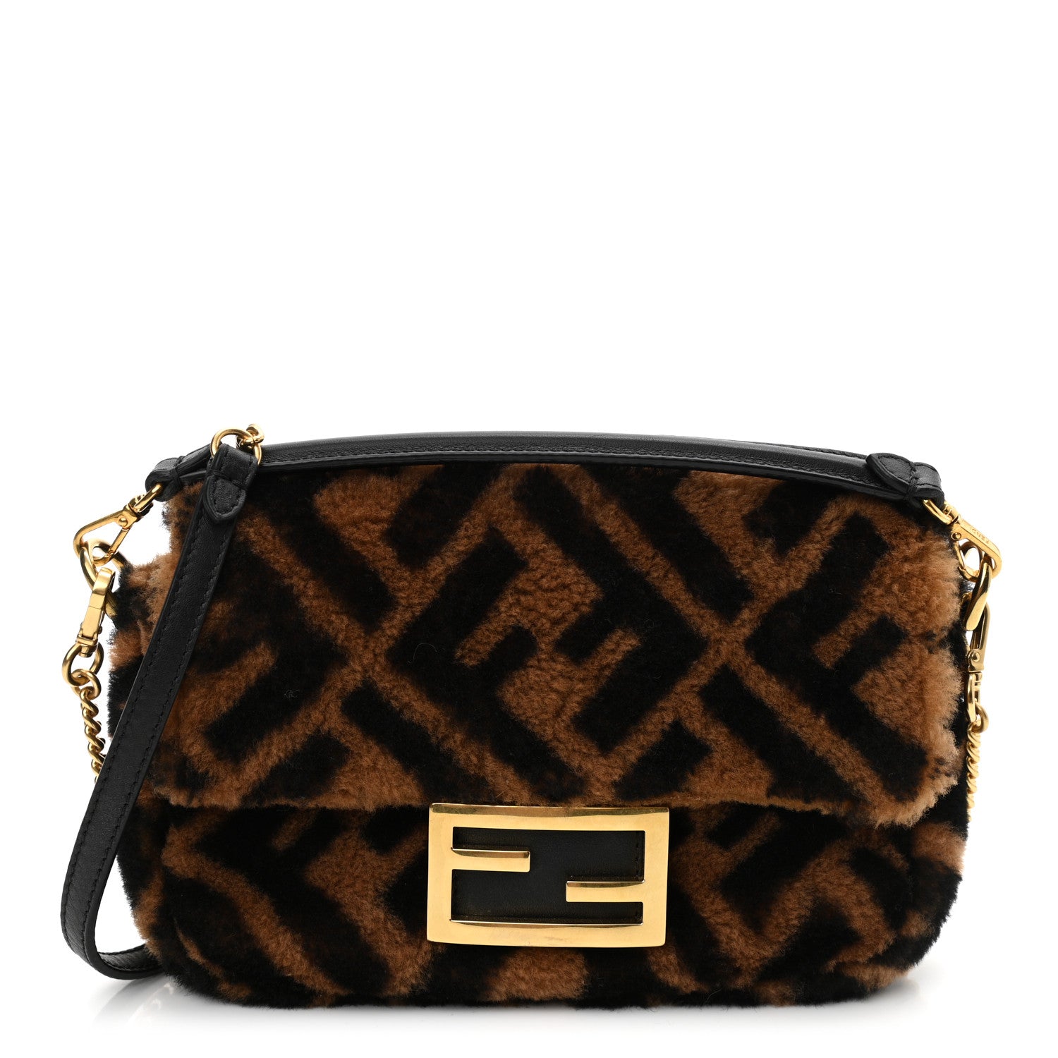 Fendi Shearling Vitello Dolce Macro FF 1974 Mini Baguette Tobacco Black 1 of 10