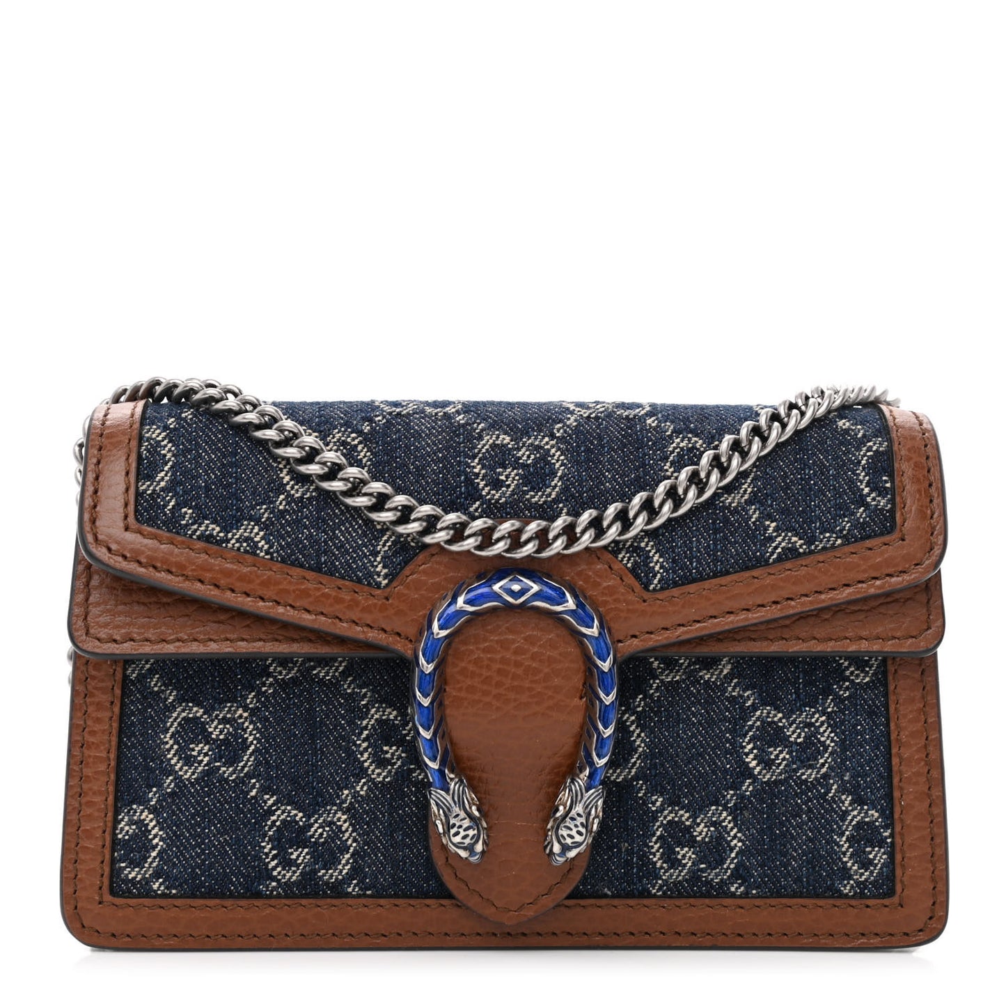 New Denim GG Monogram Dollar Calfskin Enamel Super Mini Dionysus Shoulder Bag Blue Tea Cuir Epilog Electric Blue
