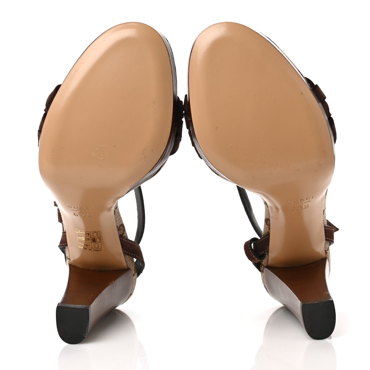 Suede GG Monogram Braided Sandals Heels 6.5 Brown