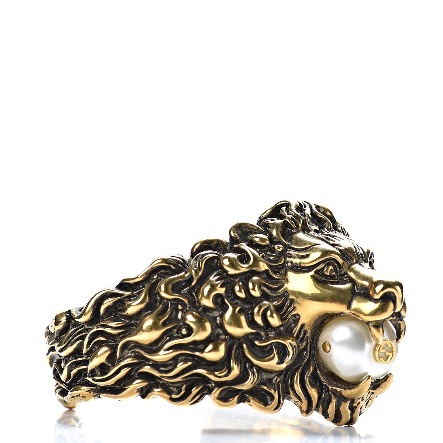Metal Pearl Lion Head Cuff Bracelet 18 Aged Gold