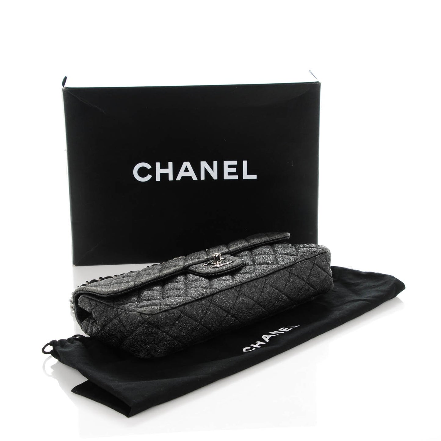 Crackled Calfskin Quilted East West Flap Black