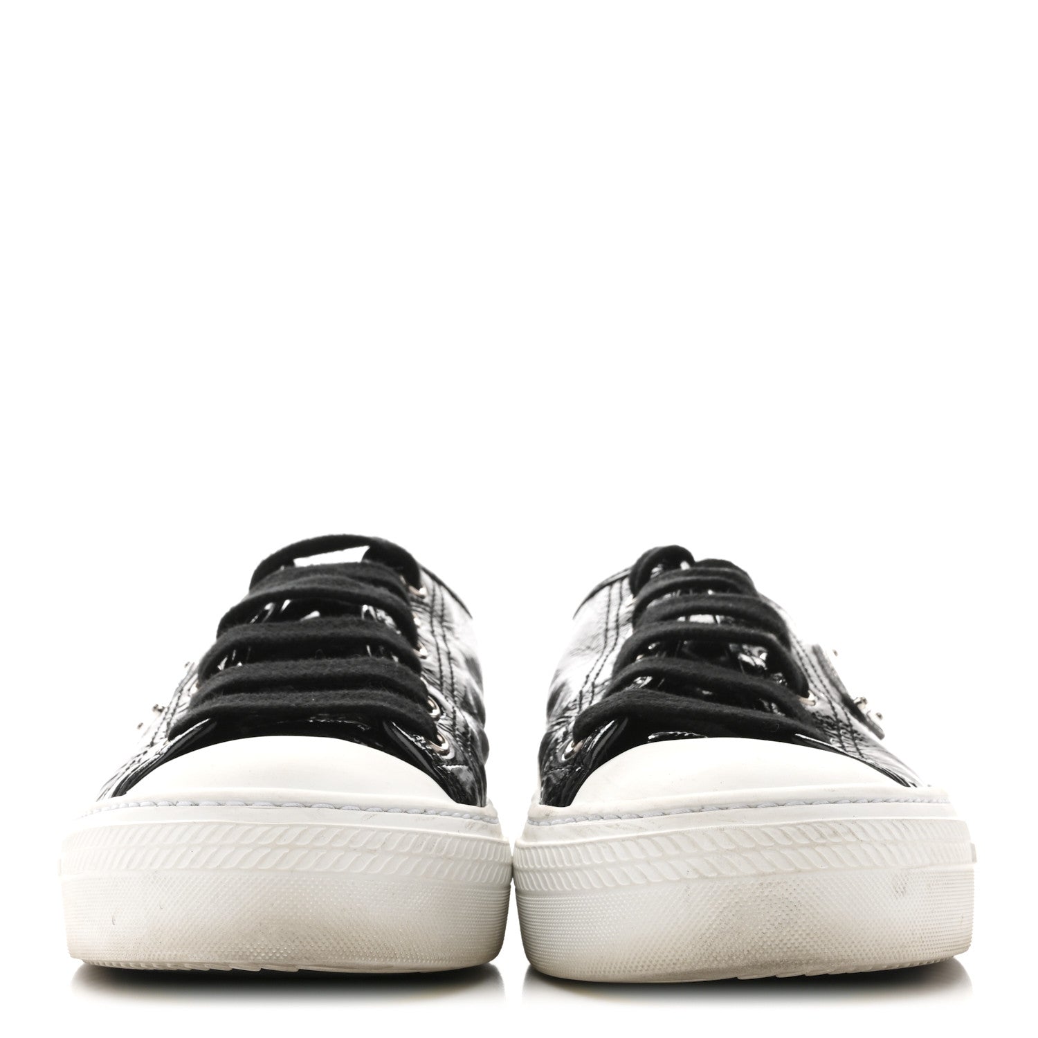 Prada Patent Naplak Triangle Logo Womens Low Top Sneakers 40 Black White 3 of 10