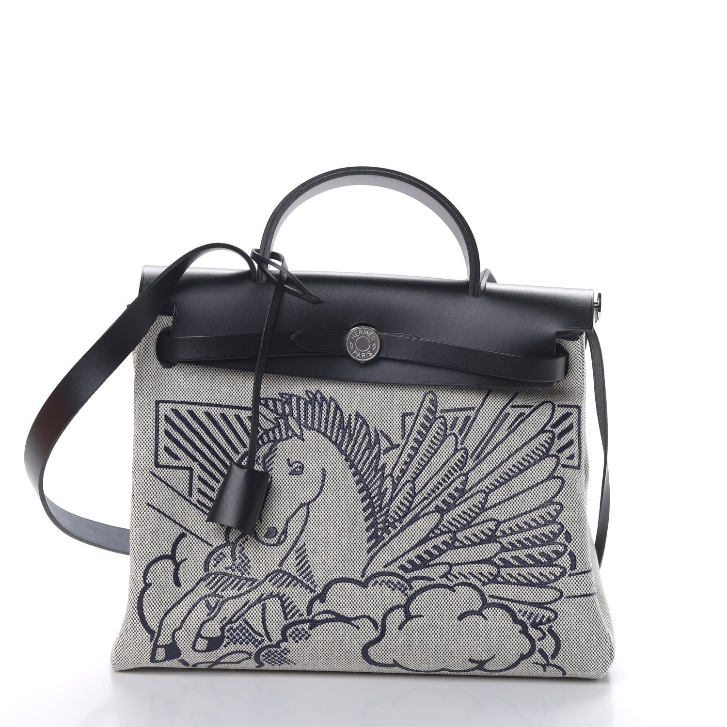 Hermes Vache Hunter Toile H Pegase Pop Herbag Zip Retourne 31 PM Bleu Indigo Ecru Black 2 of 12