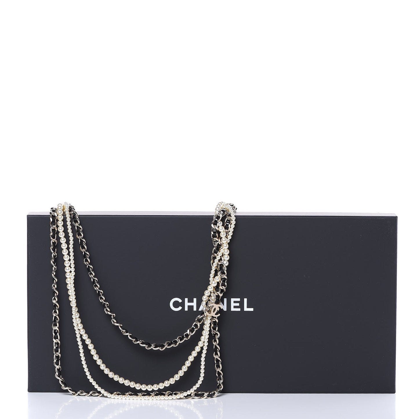 Glazed Calfskin Pearl CC Chain Necklace Black Gold