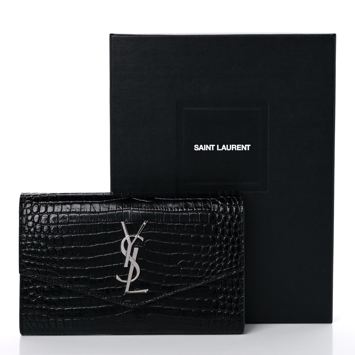 Calfskin Crocodile Embossed Monogram Uptown Chain Wallet Black