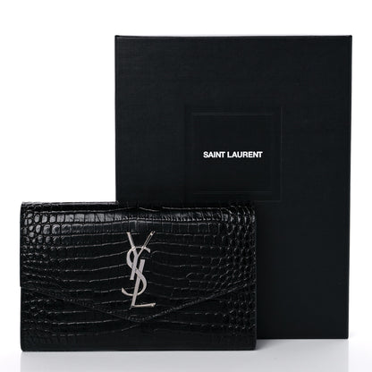 Saint Laurent Calfskin Crocodile Embossed Monogram Uptown Chain Wallet Black 11 of 11
