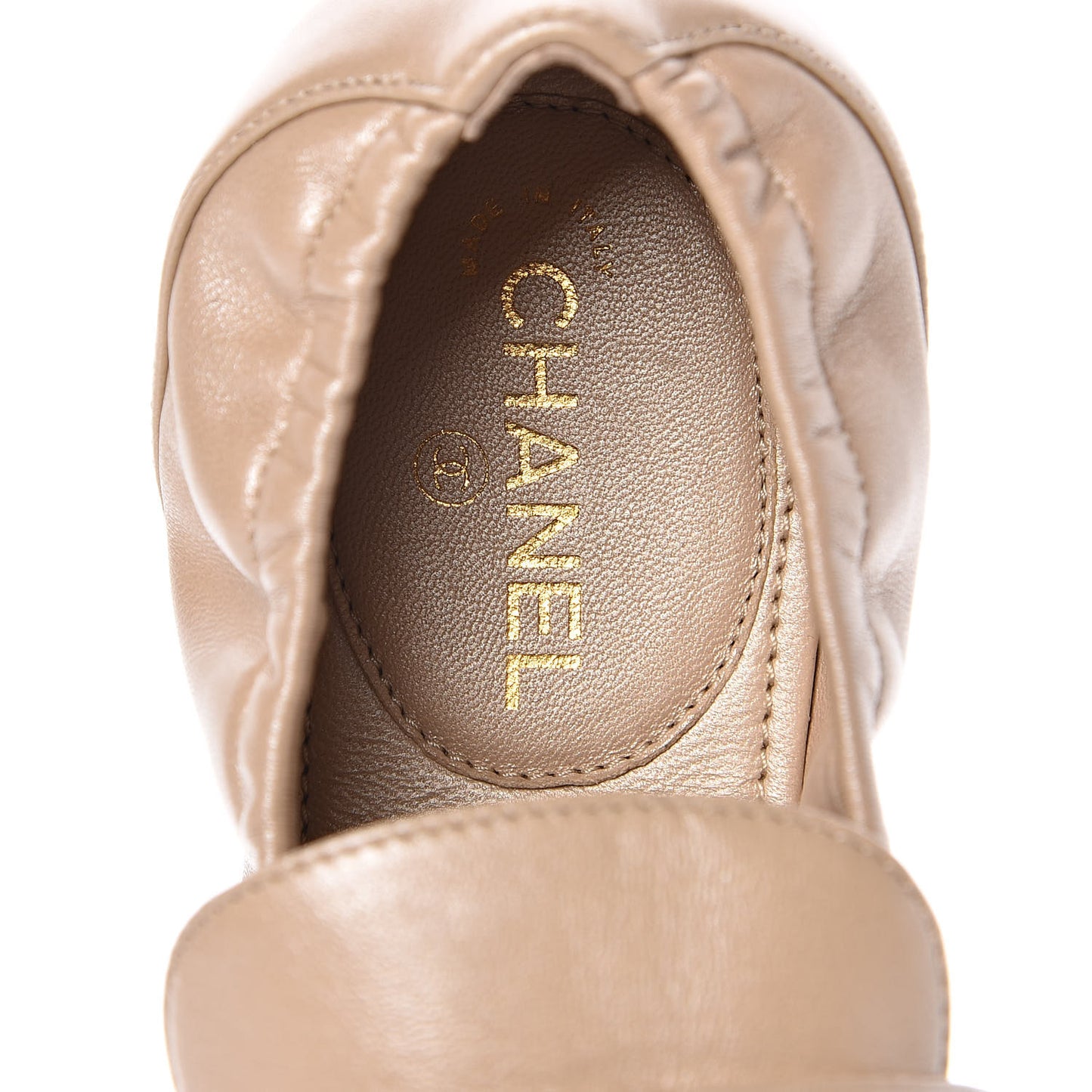Laminated Lambskin Womens Quilted Elastic CC Moccasin Loafers 34.5 Beige