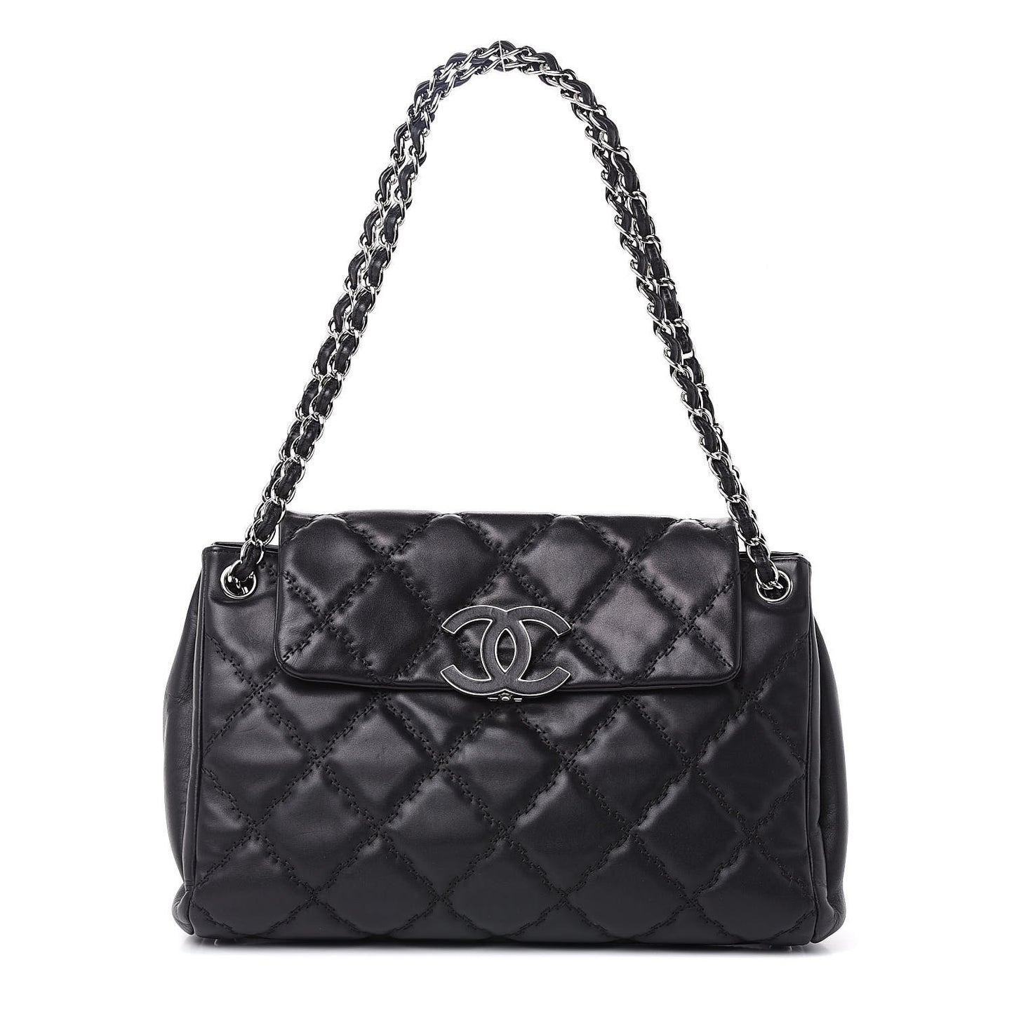 Calfskin Double Stitch Large Hamptons Flap Bag Black