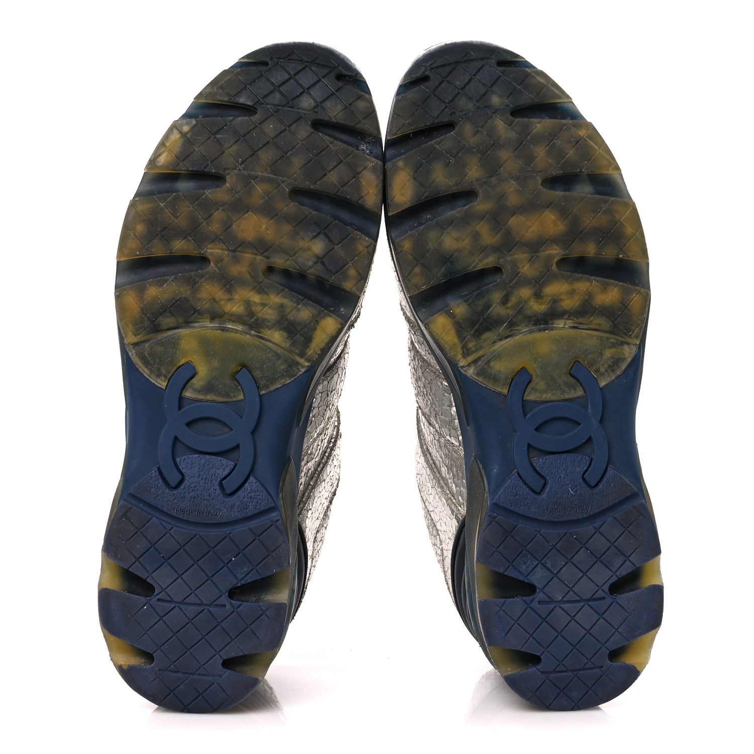 Chanel Metallic Crackled Calfskin CC Sneakers 38.5 Silver Black Navy 5 of 10