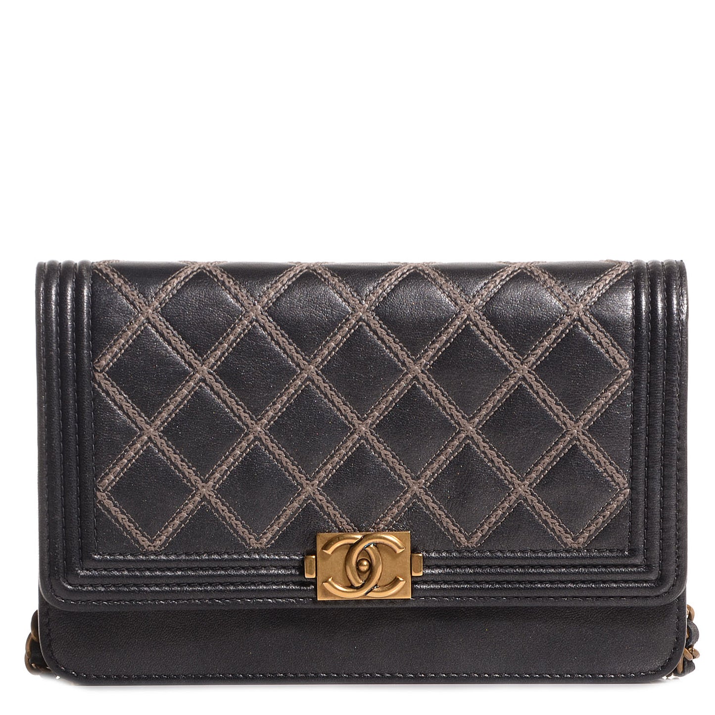Calfskin Double Stitch Boy Wallet On Chain WOC Grey