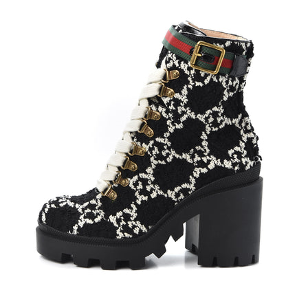 Gucci Tweed GG Monogram Lace Up Combat Ankle Boots 35.5 Black 1 of 10