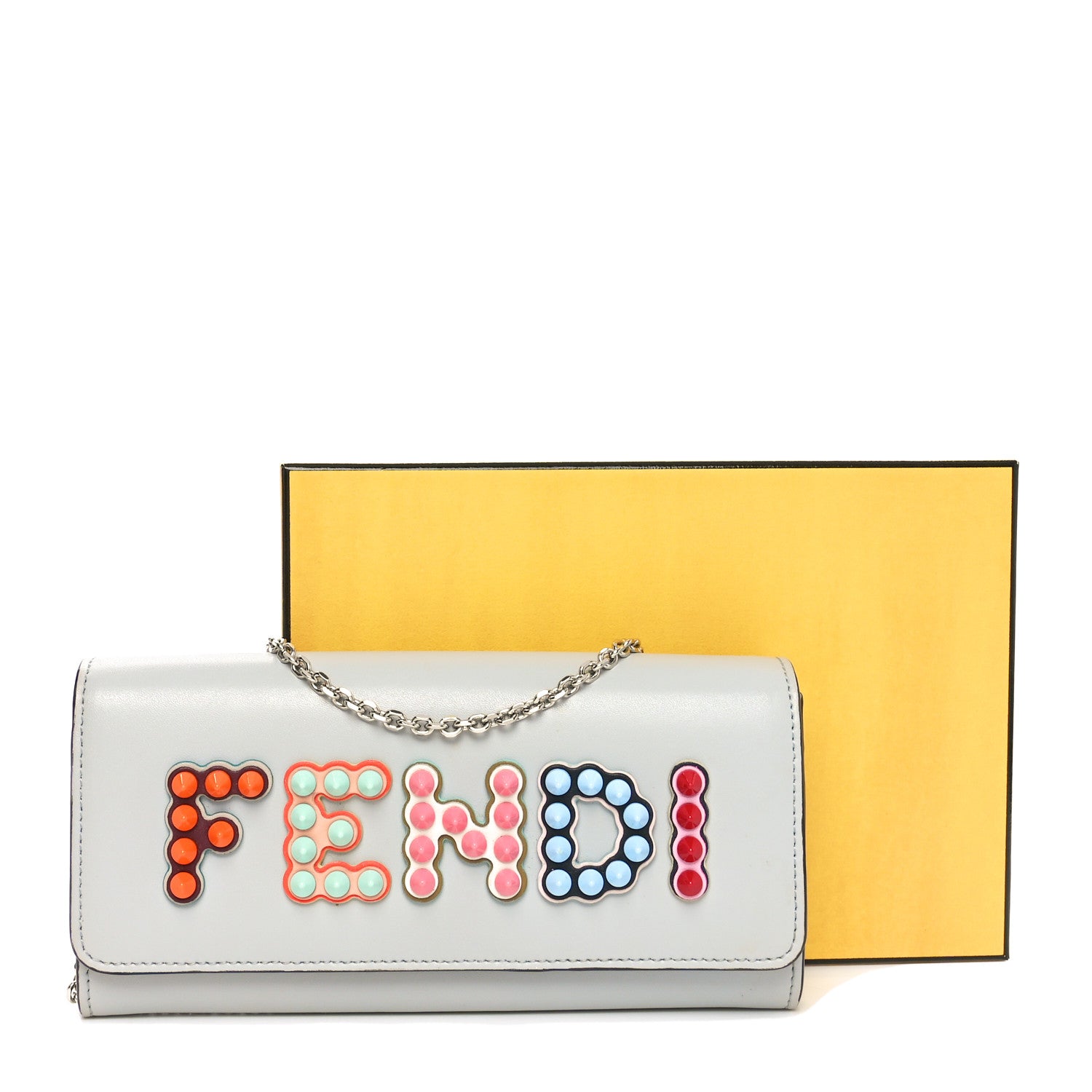 Fendi Vitello Liberty Fun Fair Studded Continental Wallet On Chain Grigio Perla Multicolor 12 of 12