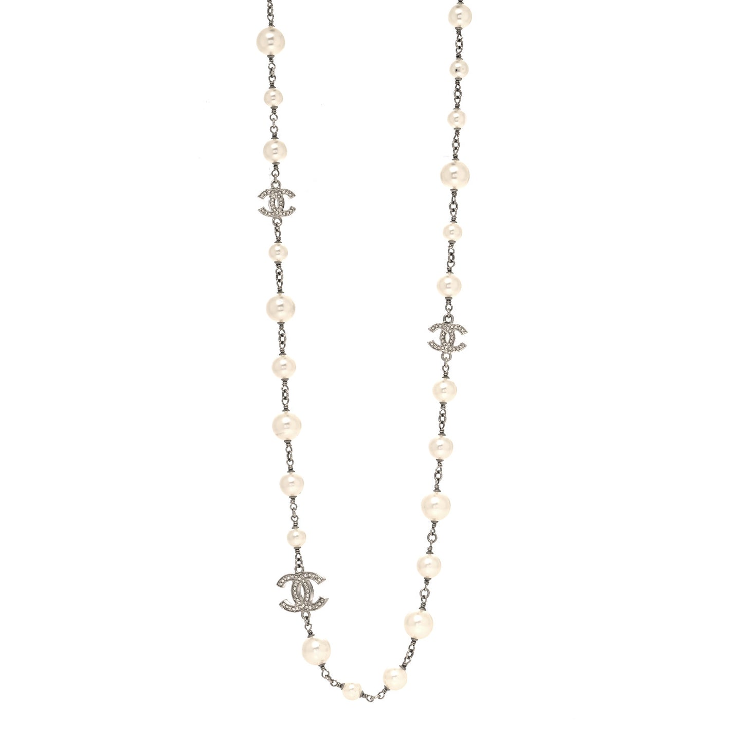 Graduated Pearl Crystal CC Long Necklace Silver
