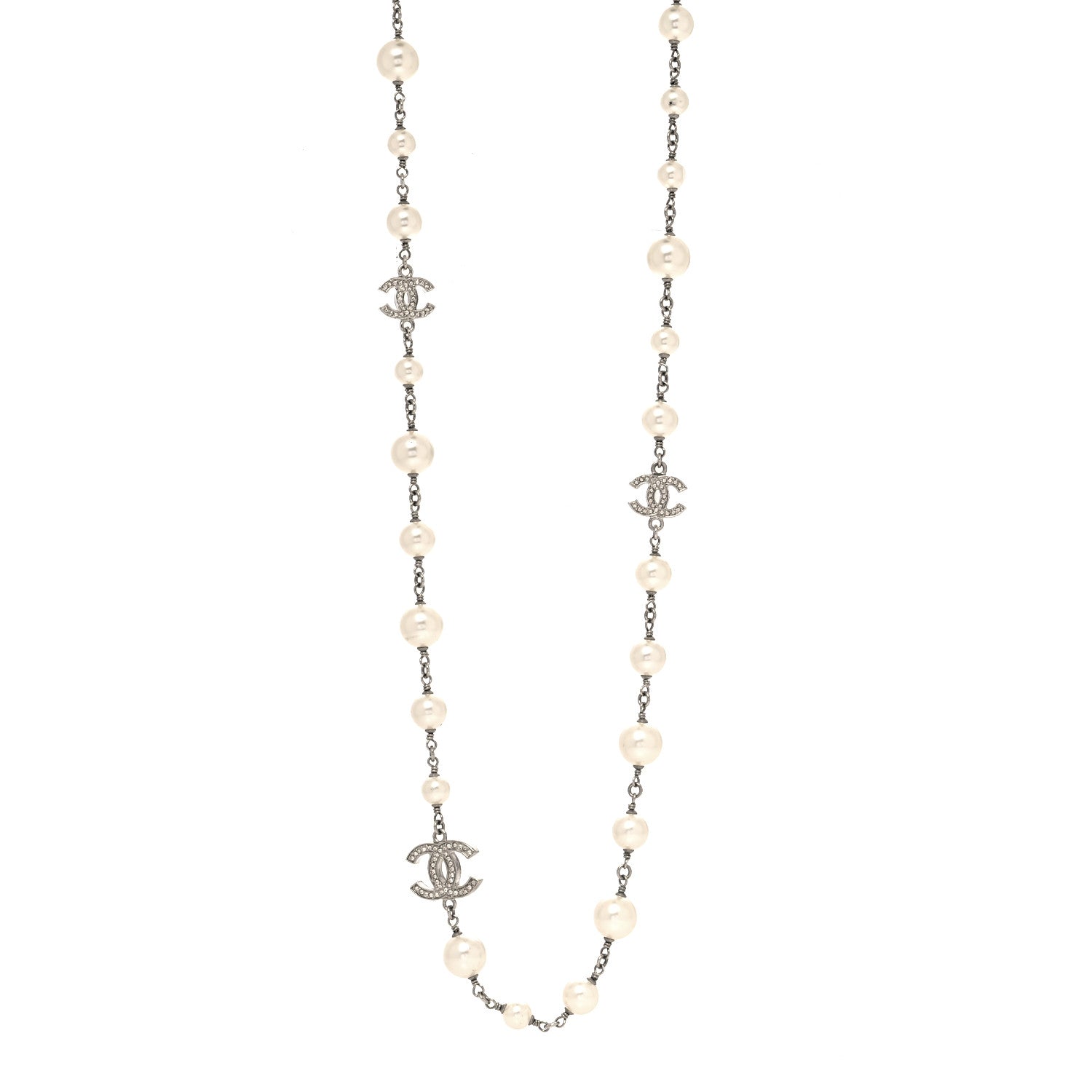 Chanel Graduated Pearl Crystal CC Long Necklace Silver 1 of 5