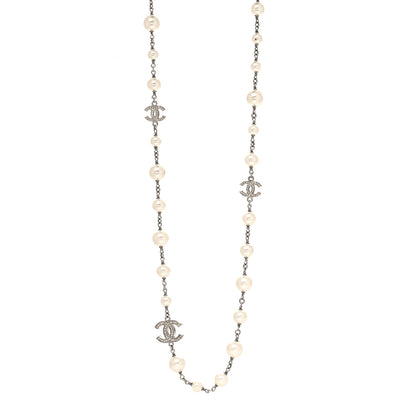 Chanel Graduated Pearl Crystal CC Long Necklace Silver 1 of 5