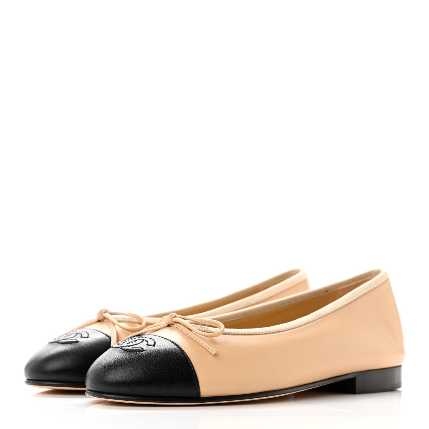 Chanel Lambskin Cap Toe CC Ballerina Flats 37 Beige Black 3 of 15