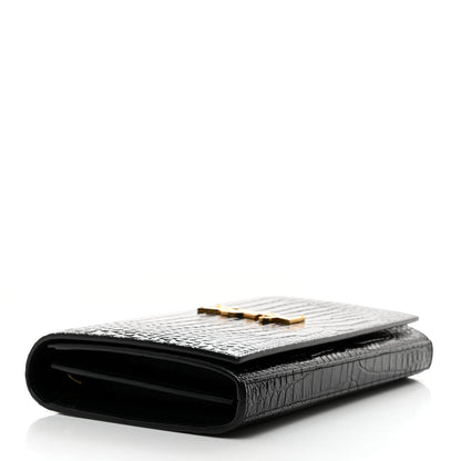 Saint Laurent Calfskin Crocodile Embossed Cassandre Wallet On Chain WOC Black 4 of 11