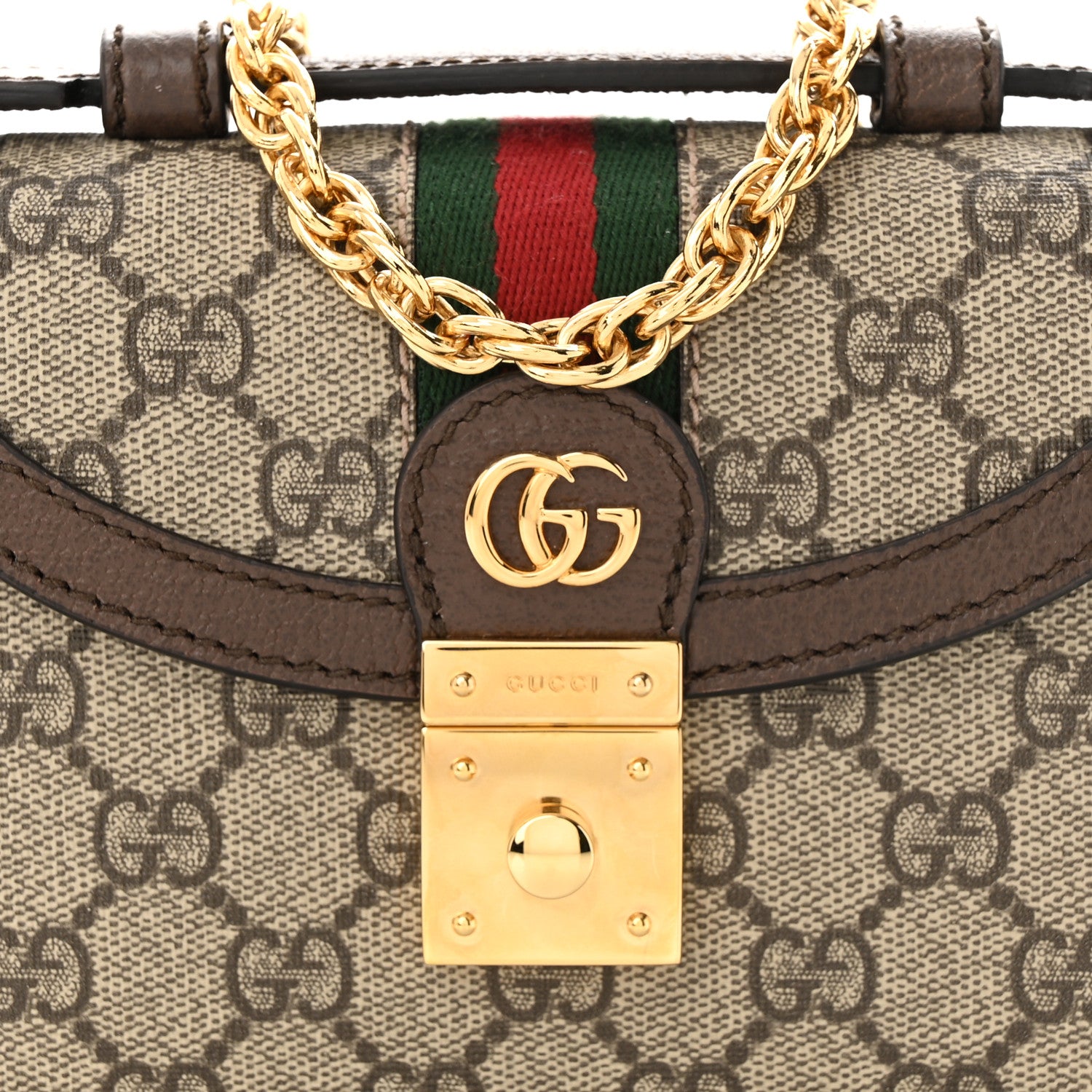 Gucci GG Supreme Monogram Textured Dollar Calfskin Web Mini Ophidia Padlock Top Handle Chain Shoulder Bag Beige Ebony New Acero 7 of 10