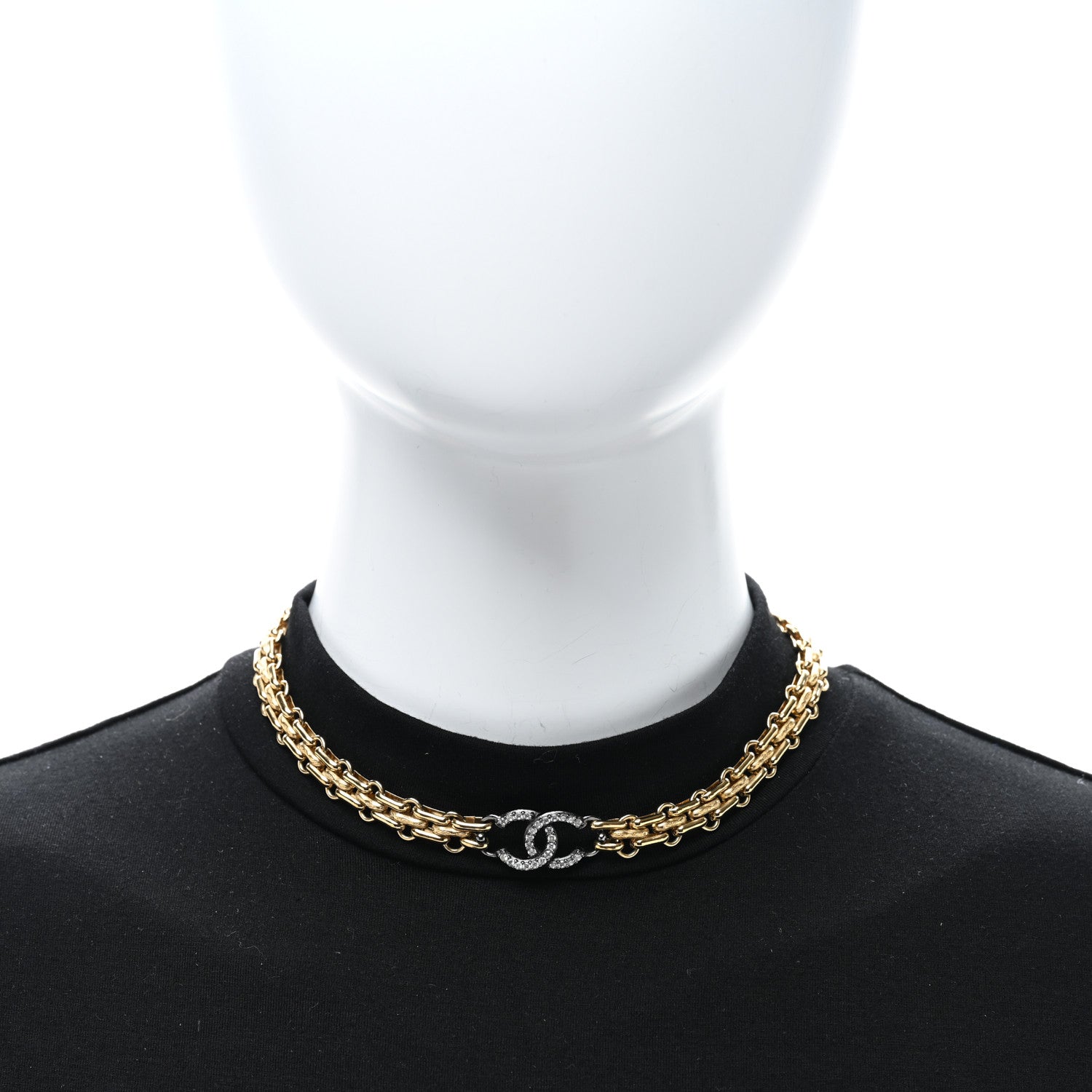 Chanel Crystal Chain Link CC Short Necklace Gold Silver 2 of 4