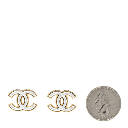 Chanel Metal Enamel CC Earrings Gold White 2 of 5