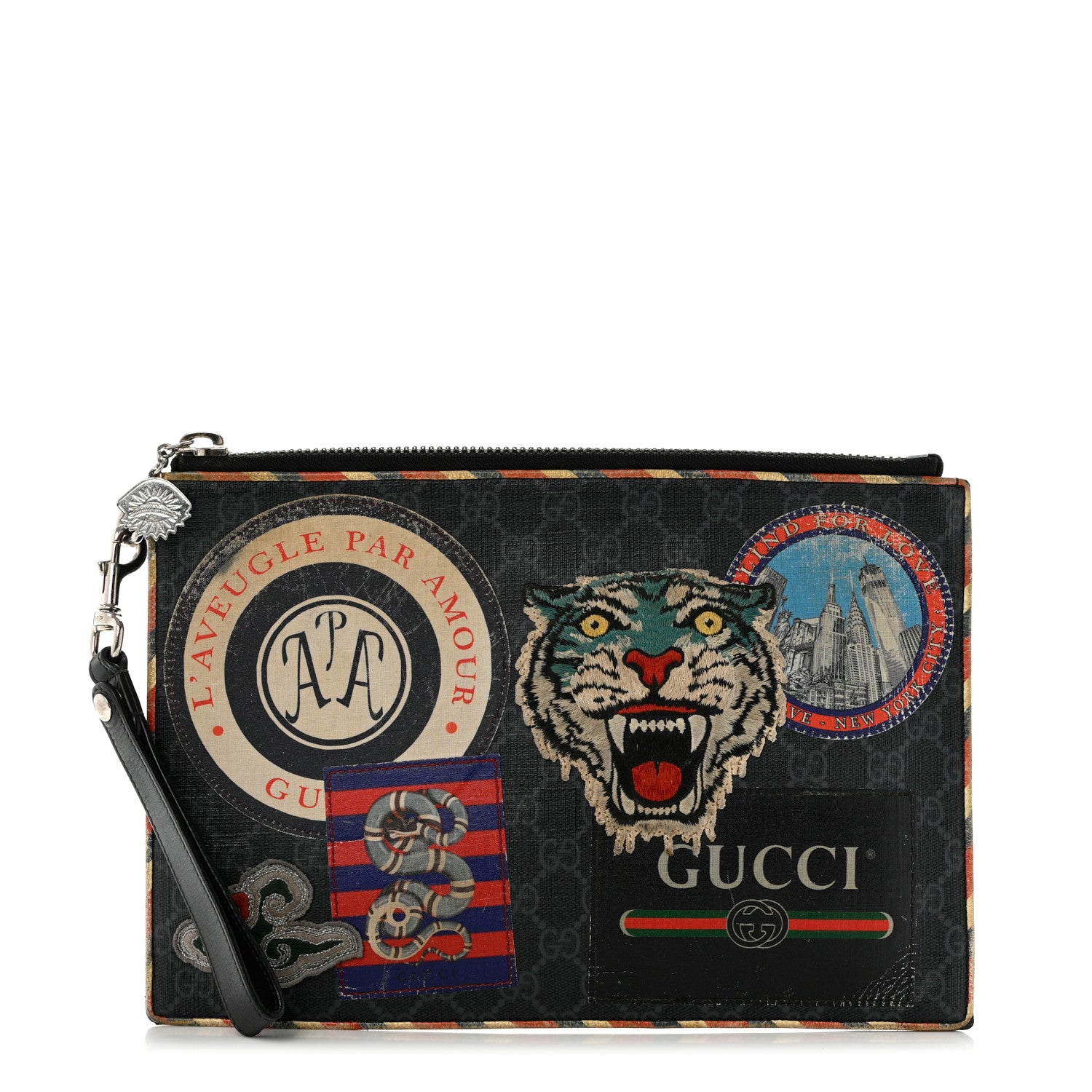 Gucci GG Supreme Monogram Night Courrier Zip Wristlet Pouch Black Multicolor 1 of 11