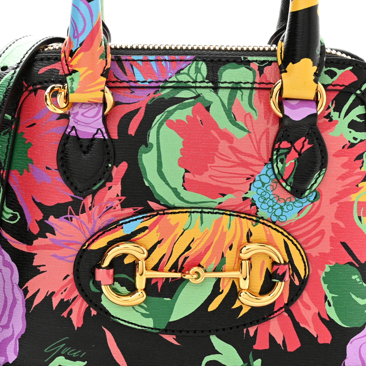 X KEN SCOTT New Shangai Calfskin Jenny Floral Print Mini Horsebit 1955 Top Handle Bag Black Pink