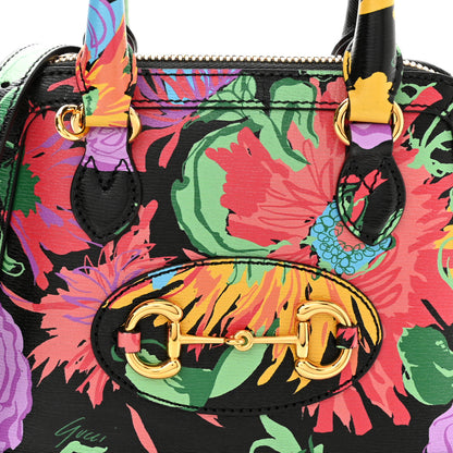 Gucci X KEN SCOTT New Shangai Calfskin Jenny Floral Print Mini Horsebit 1955 Top Handle Bag Black Pink 8 of 10