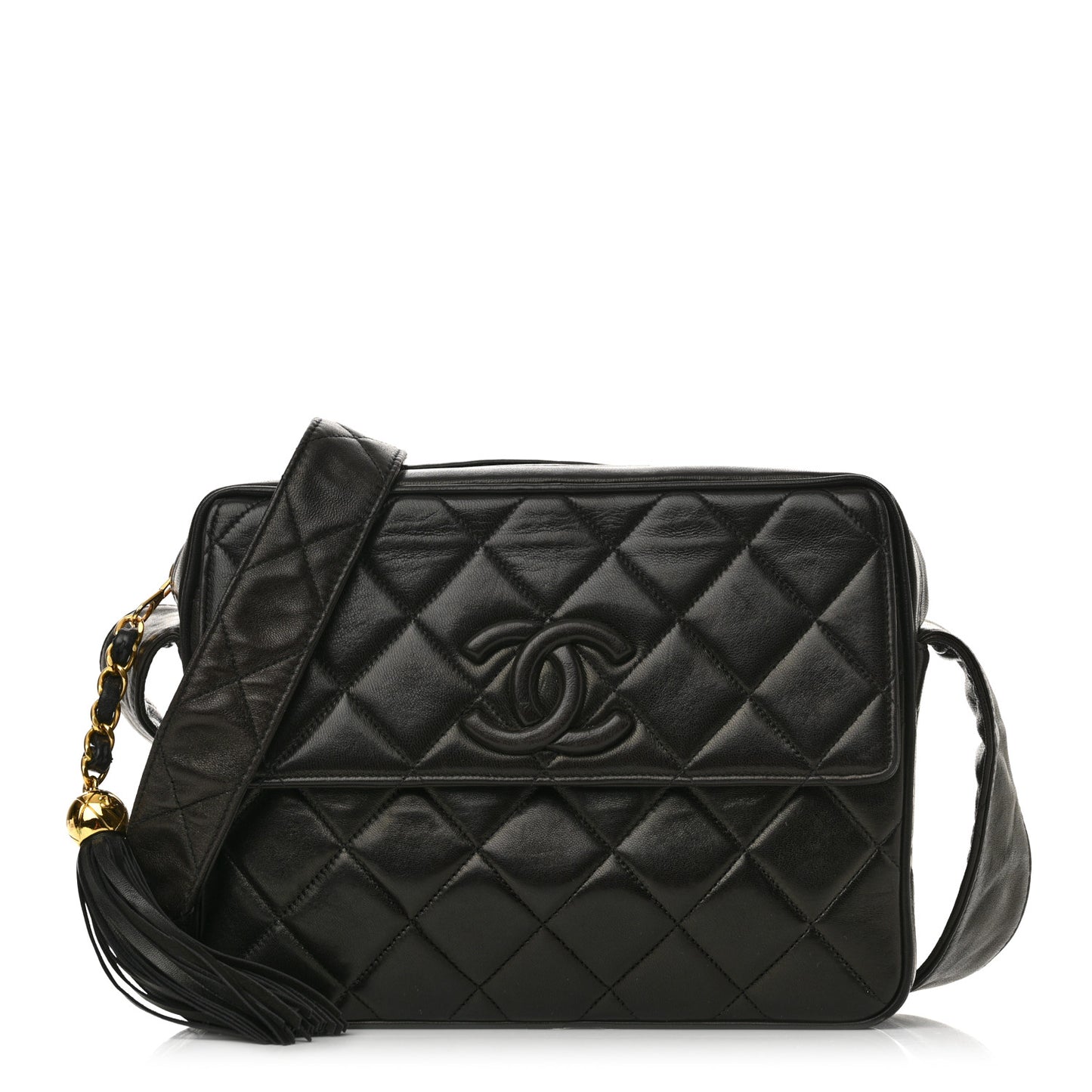 Lambskin Quilted Tassel Flap Camera Case Black