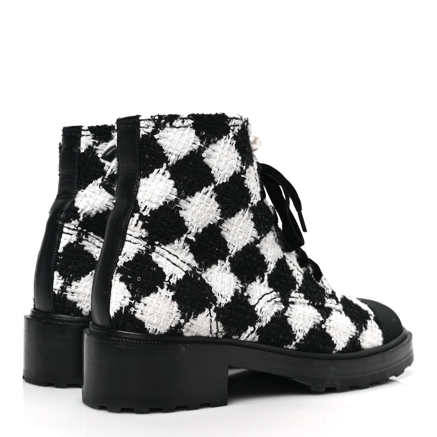 Tweed Grosgrain Pearl Combat Short Boots 39 White Black