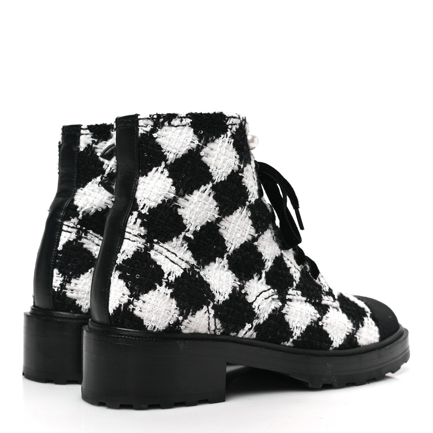 Chanel Tweed Grosgrain Pearl Combat Short Boots 39 White Black 4 of 7