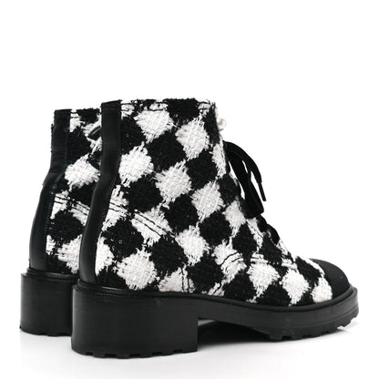 Chanel Tweed Grosgrain Pearl Combat Short Boots 39 White Black 4 of 7