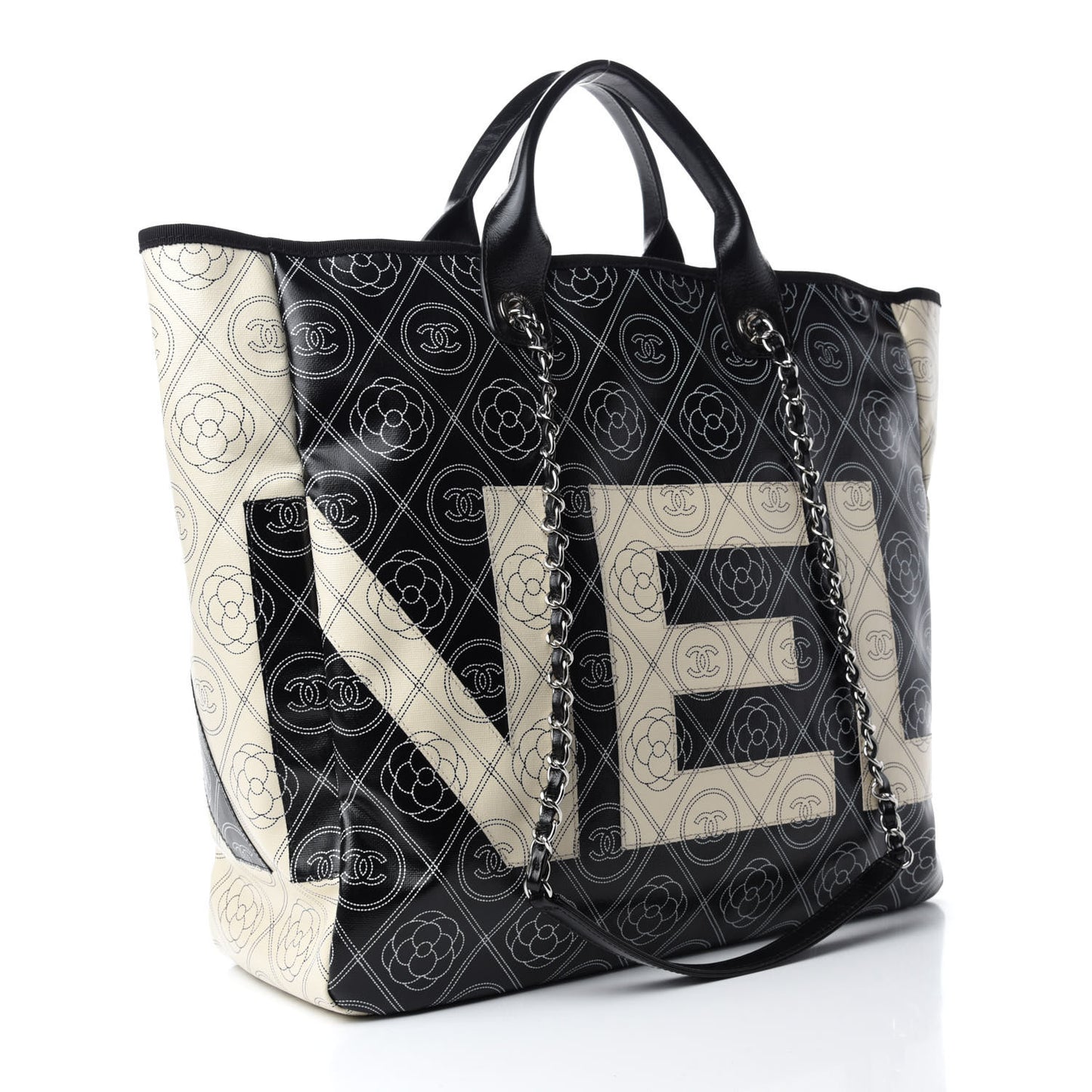 Coated Canvas Camellia Medium Shopping Tote Black Beige