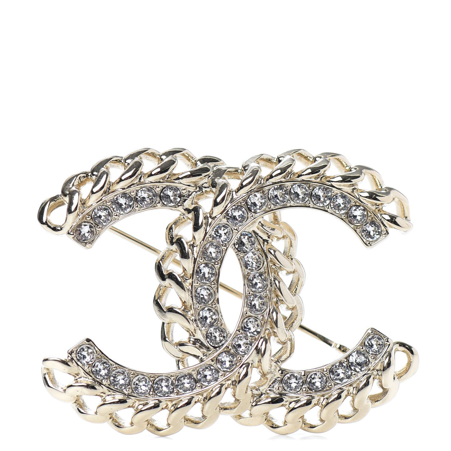 Crystal Chain CC Brooch Gold